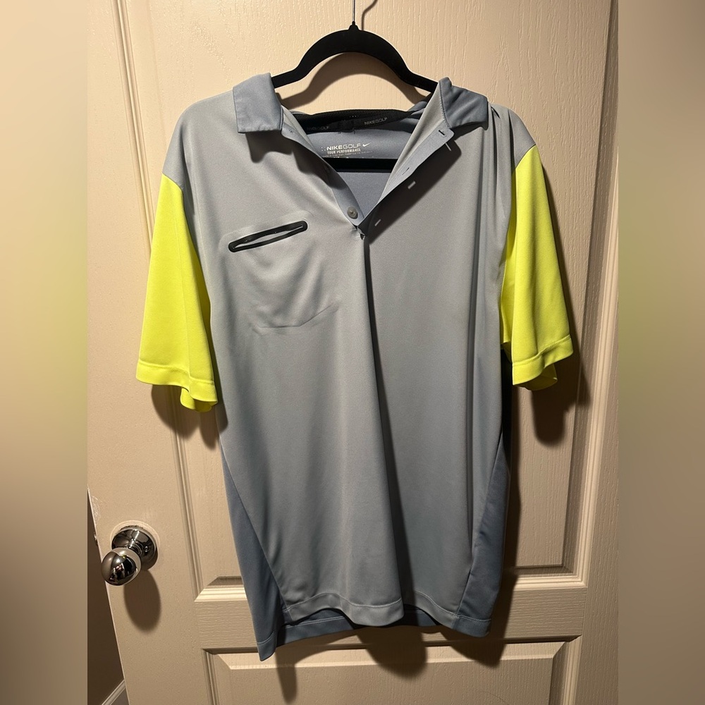 Nike Tour Performance Dri-Fit Gray Polo w/ Neon yellow sleeves